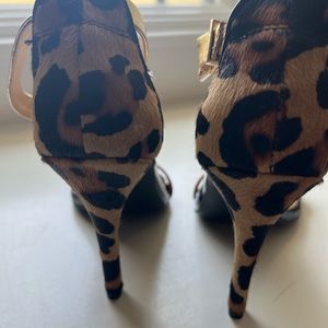 Patent leather strap heels. Red black gold animal print heel